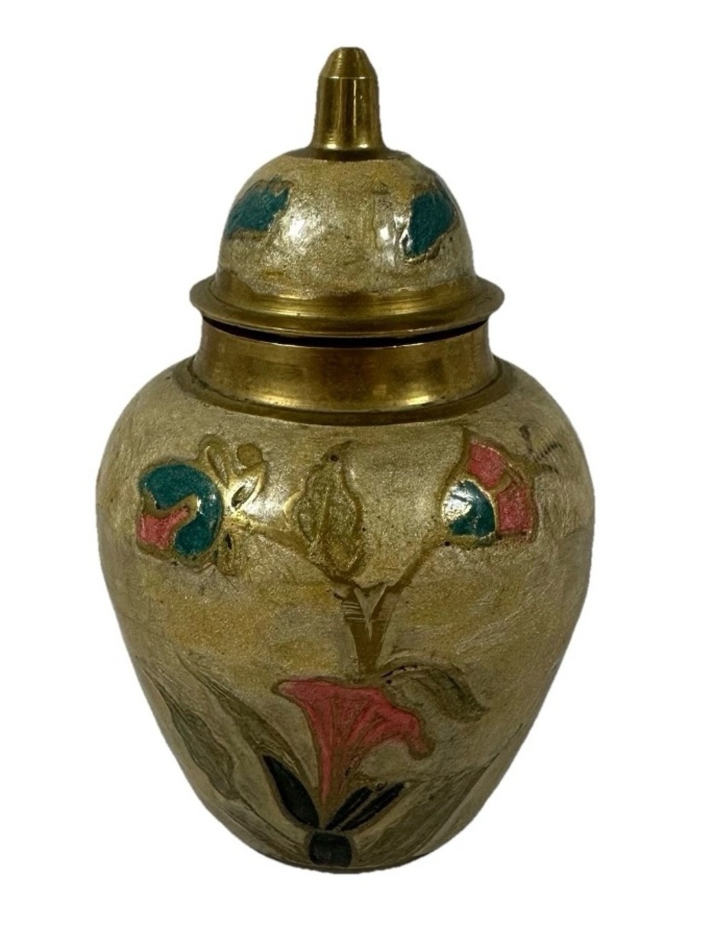Cloisonné Ginger Jar Brass & Enamel With Lid Small Shelf Decor Floral Vintage
